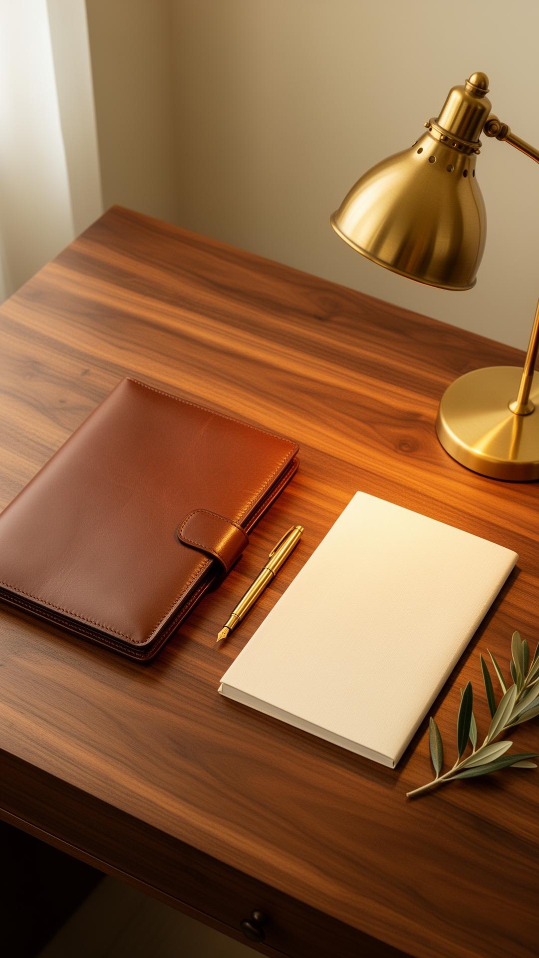 Polished walnut desk with leather portfolio, brass lamp, and notebook in warm light